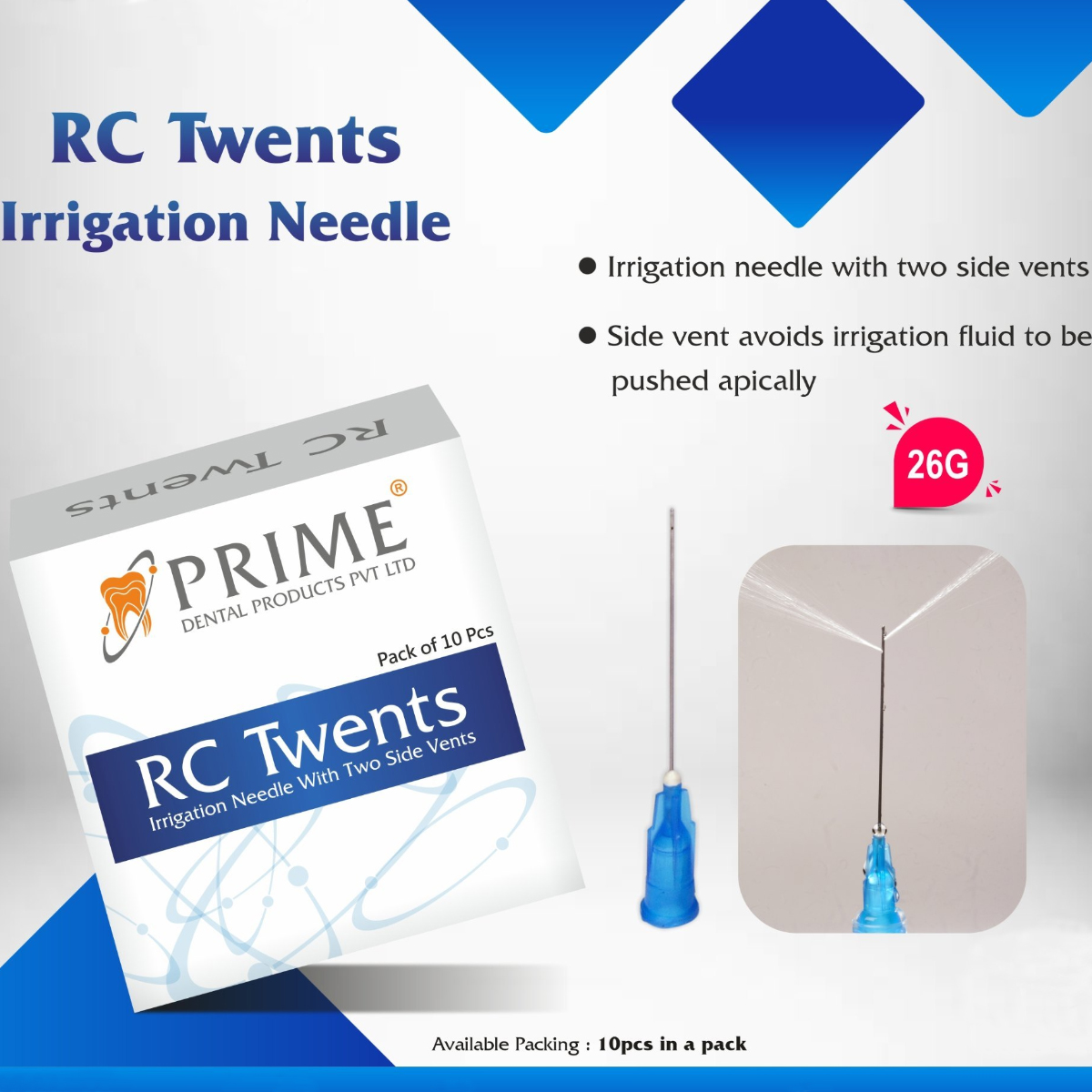 Prime Dental RC Twents Irrigation Needle - Two Side Vents (Pack Of 10)