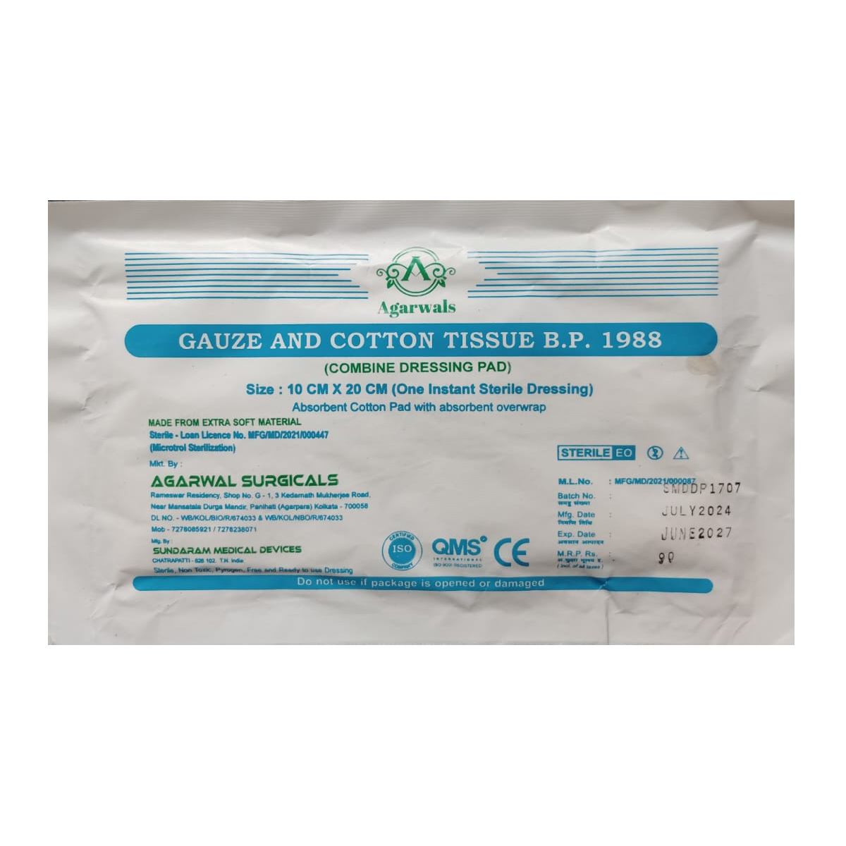 Agarwals Premium Sterile Combine Dressing Surgical Pad 10cm x 20cm (Pack of 20)