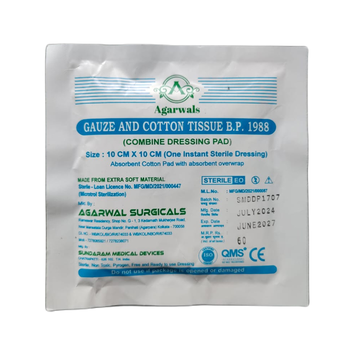 Agarwals Premium Sterile Combine Dressing Surgical Pad 10cm x 10cm (Pack of 3)