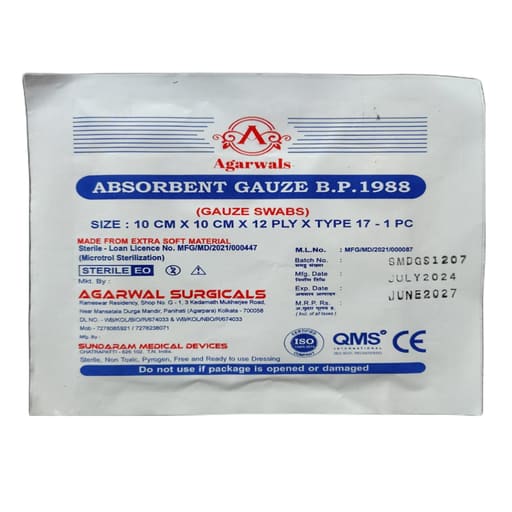 Agarwals Sterile Absorbent Gauze Swab 10cm X 10cm X 12ply - Pack of 10 (1 pc/pack)