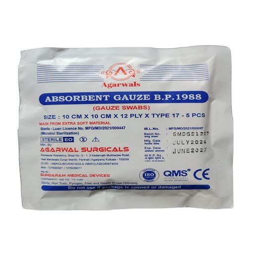 Agarwals Sterile Absorbent Gauze Swab 10cm X 10cm X 12ply - Pack of 10 (5 pcs/pack)