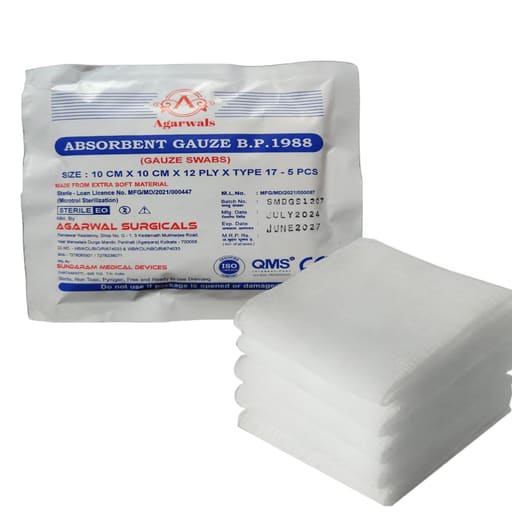 Agarwals Sterile Absorbent Gauze Swabs 10cm X 10cm X 12ply (5 pcs/pack)