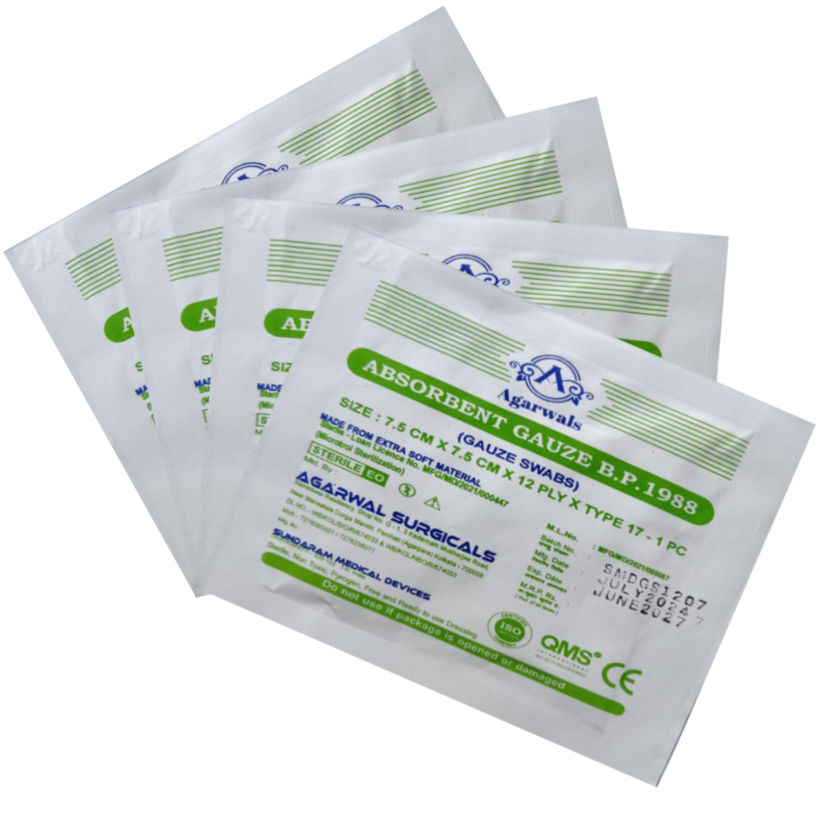 Agarwals Sterile Absorbent Gauze Swabs 7.5 cm X 7.5 cm X 12 ply (1 pc/pack)