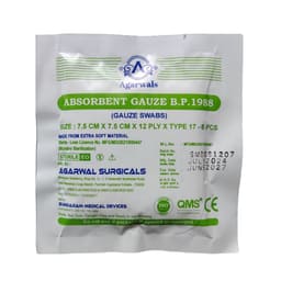 Agarwals Sterile Absorbent Gauze Swab 7.5 cm X 7.5 cm X 12 ply - Pack of 5 (5 pcs/pack)