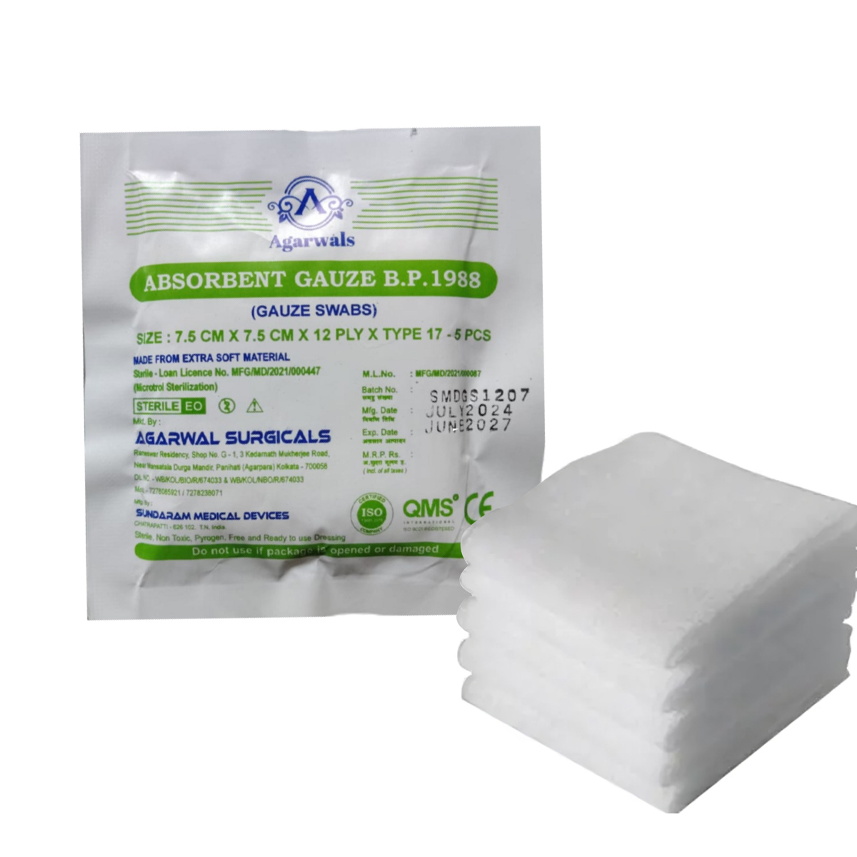 Agarwals Sterile Absorbent Gauze Swabs 7.5 cm X 7.5 cm X 12 ply (5 pcs/pack)