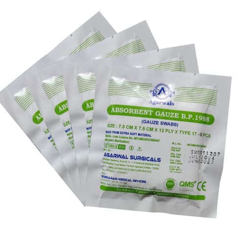 Agarwals Sterile Absorbent Gauze Swab 7.5 cm X 7.5 cm X 12 ply - Pack of 2 (5 pcs/pack)