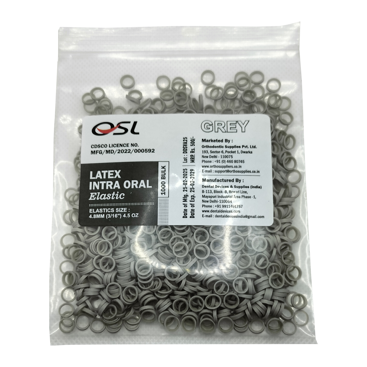OSL Orthodontic Intraoral Elastic 3/16 - Grey (4.5 Oz)