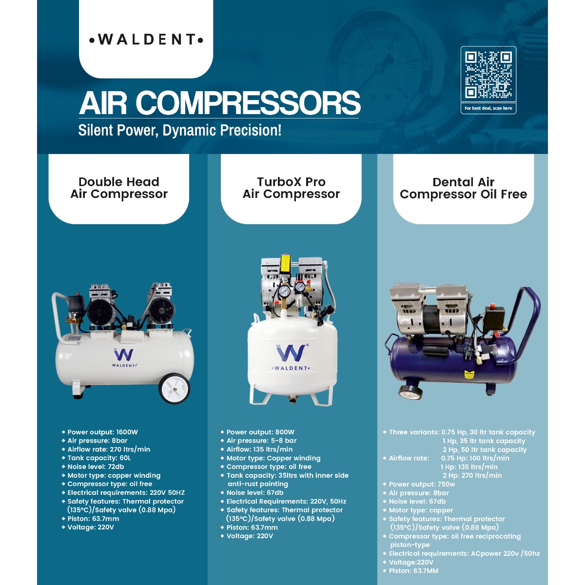 Waldent Double Head Dental Air Compressor Oil Free 2 Hp - Cylindrical Tank (WAC-200-DH-CT)