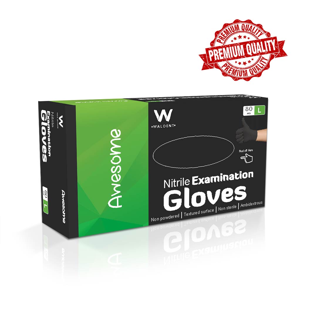 Waldent Nitrile Examination Gloves- Black (Large) (Pack of 80)