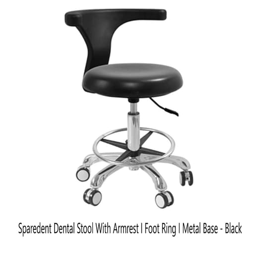 Sparedent Dental Stool With Armrest, Foot Ring and Metal Base - Black