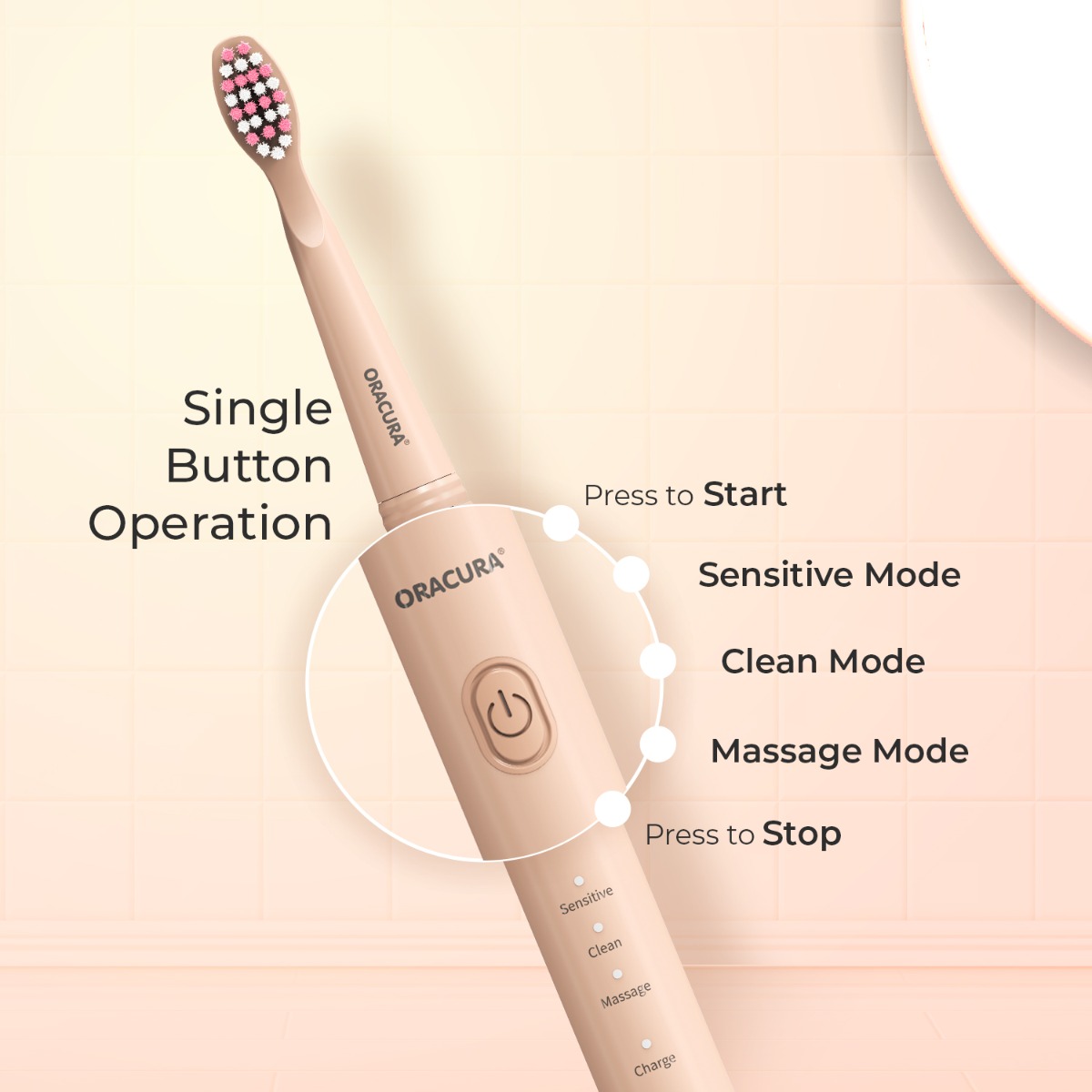Oracura SB200 Sonic Lite Electric Rechargeable Toothbrush Peach (SB200PH)