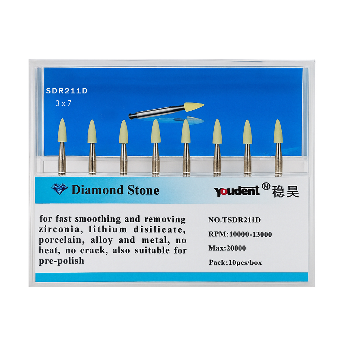 Youdent Diamond Stones For Zirconia, Ceramic, Porcelain & Metal RA (TSDR211D)