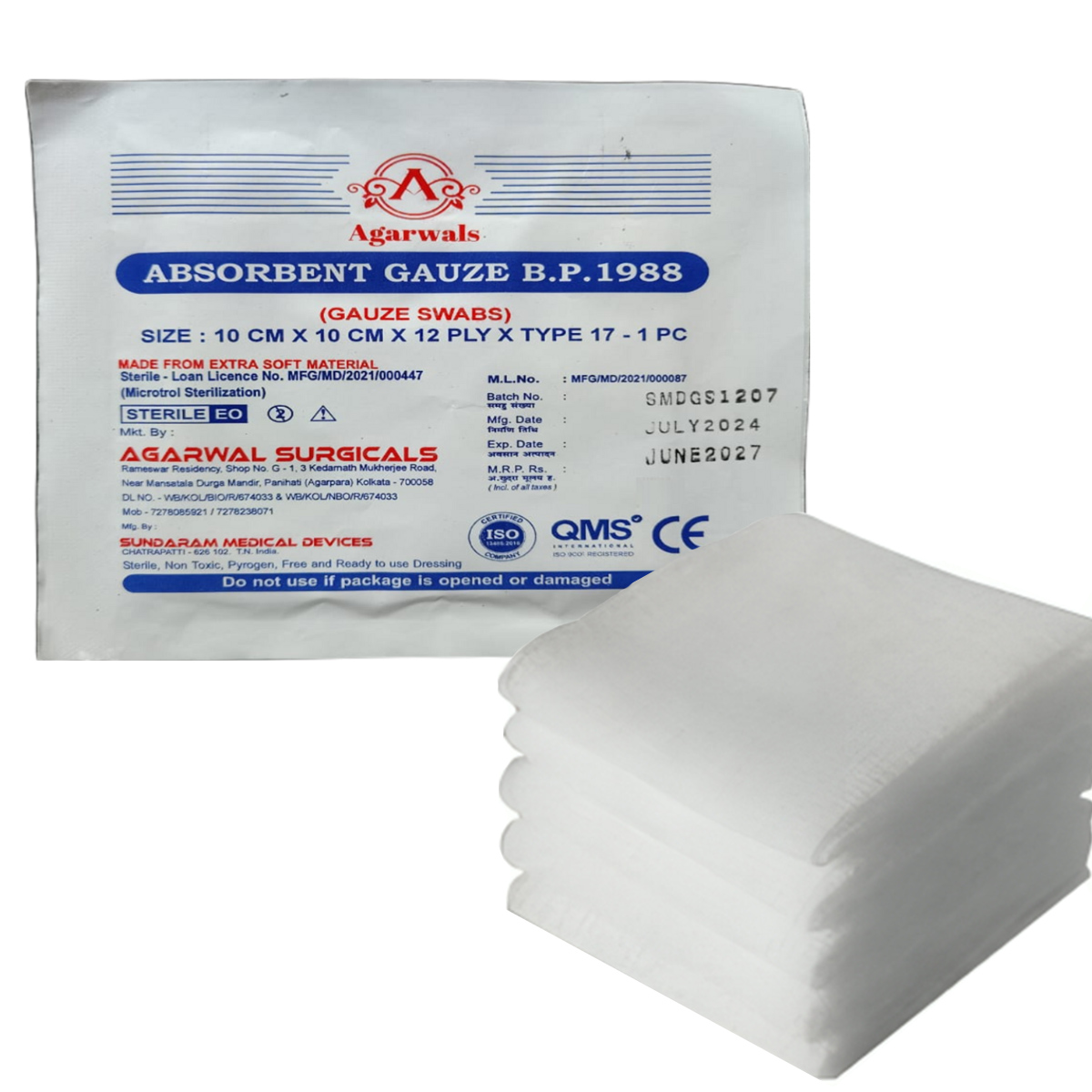 Agarwals Sterile Absorbent Gauze Swab 10cm X 10cm X 12ply - Pack of 5 (1 pc/pack)