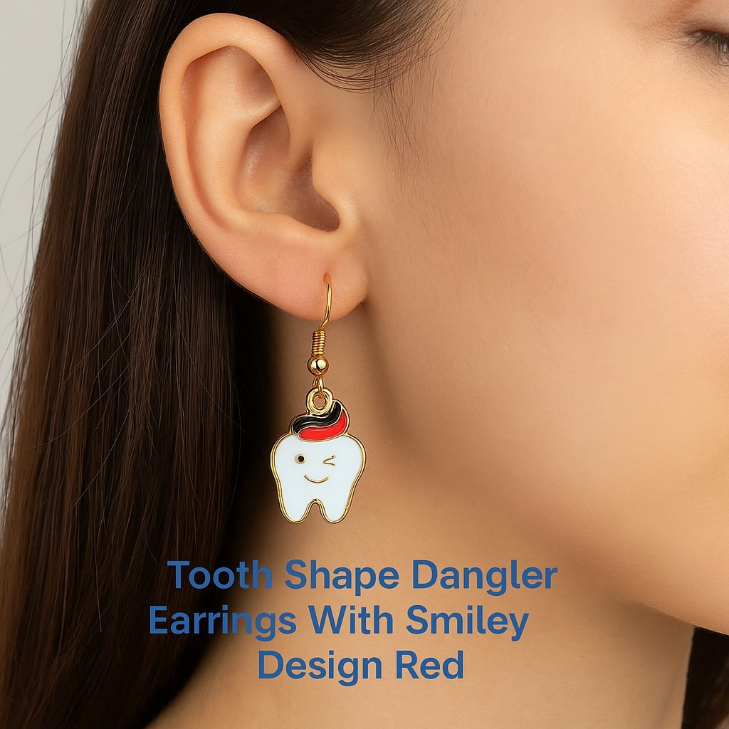 iDENTical Tooth Shape Dangler Earrings With Smiley Design Red� Set Of 1  (ZYR-4083-1)