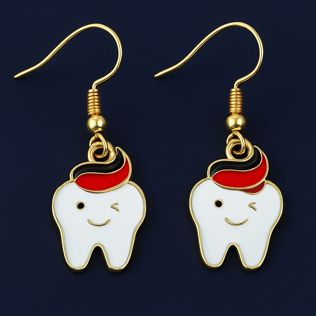 iDENTical Tooth Shape Dangler Earrings With Smiley Design Red� Set Of 1  (ZYR-4083-1)