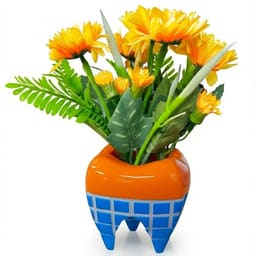 iDENTical Happy Molar Flowerpot With Artificial Orange Daisies