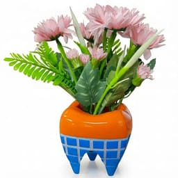 iDENTical Happy Molar Flowerpot With Artificial Pink Daisies