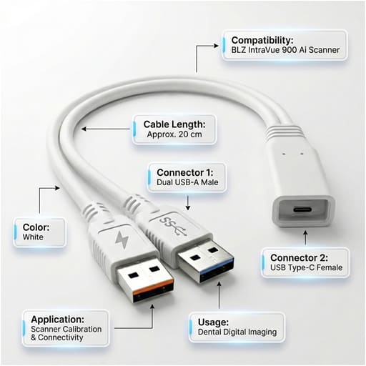Waldent BLZ IntraVue 900 Ai Intraoral Scanner USB Type C to Two USB Type A Connector Cable