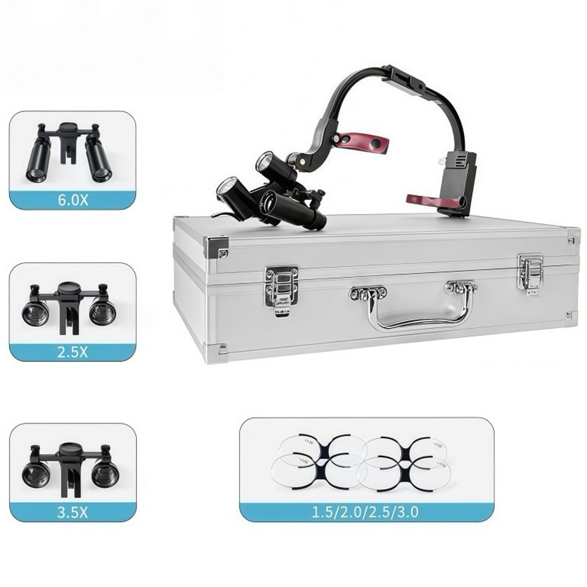 EndoKing Head-Mounted Interchangeable Surgical Loupes (2.5x, 3.5x, 6x) With LED and Magnifying Glasses (1.5x, 2x, 2.5x, 3x)