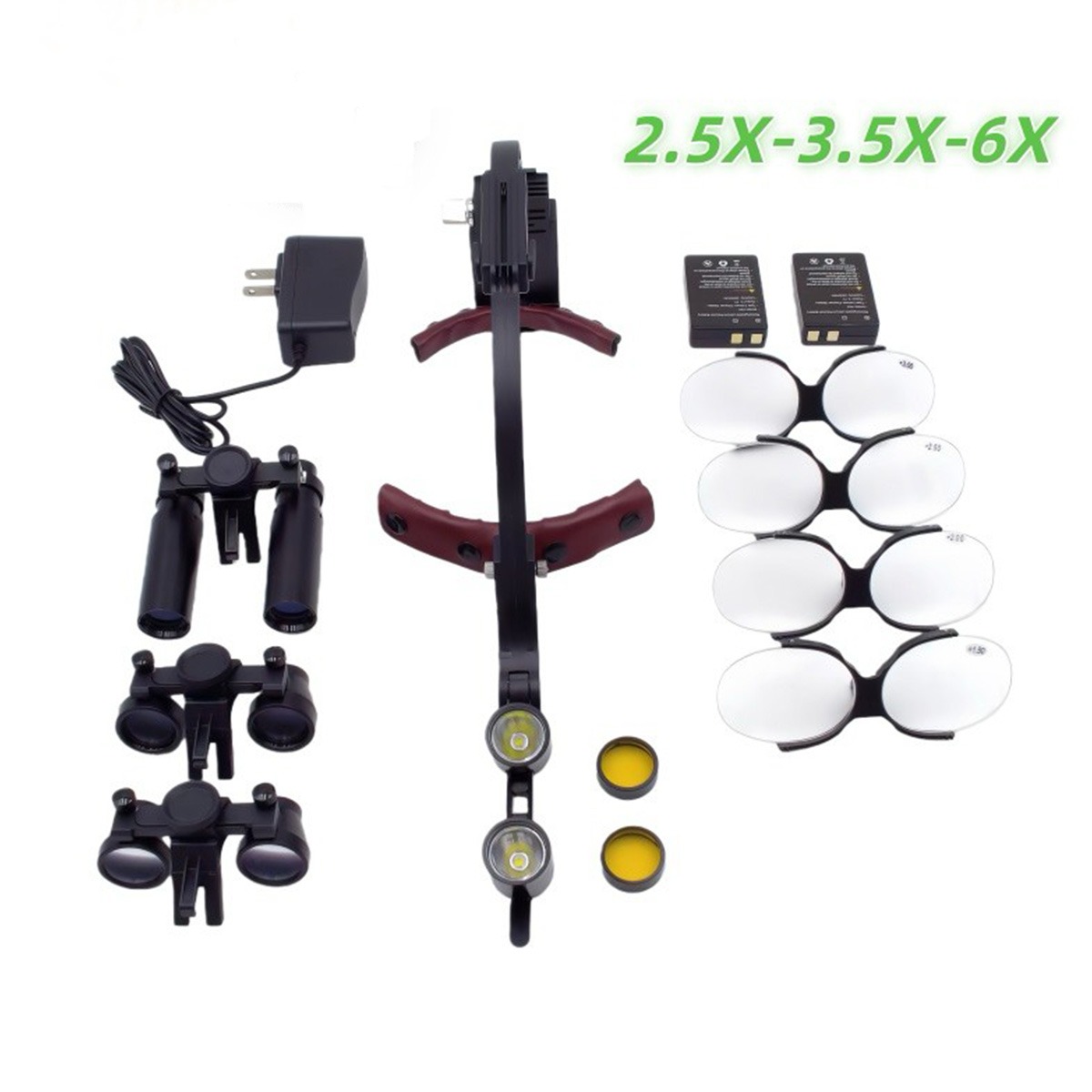 EndoKing Head-Mounted Interchangeable Surgical Loupes (2.5x, 3.5x, 6x) With LED and Magnifying Glasses (1.5x, 2x, 2.5x, 3x)