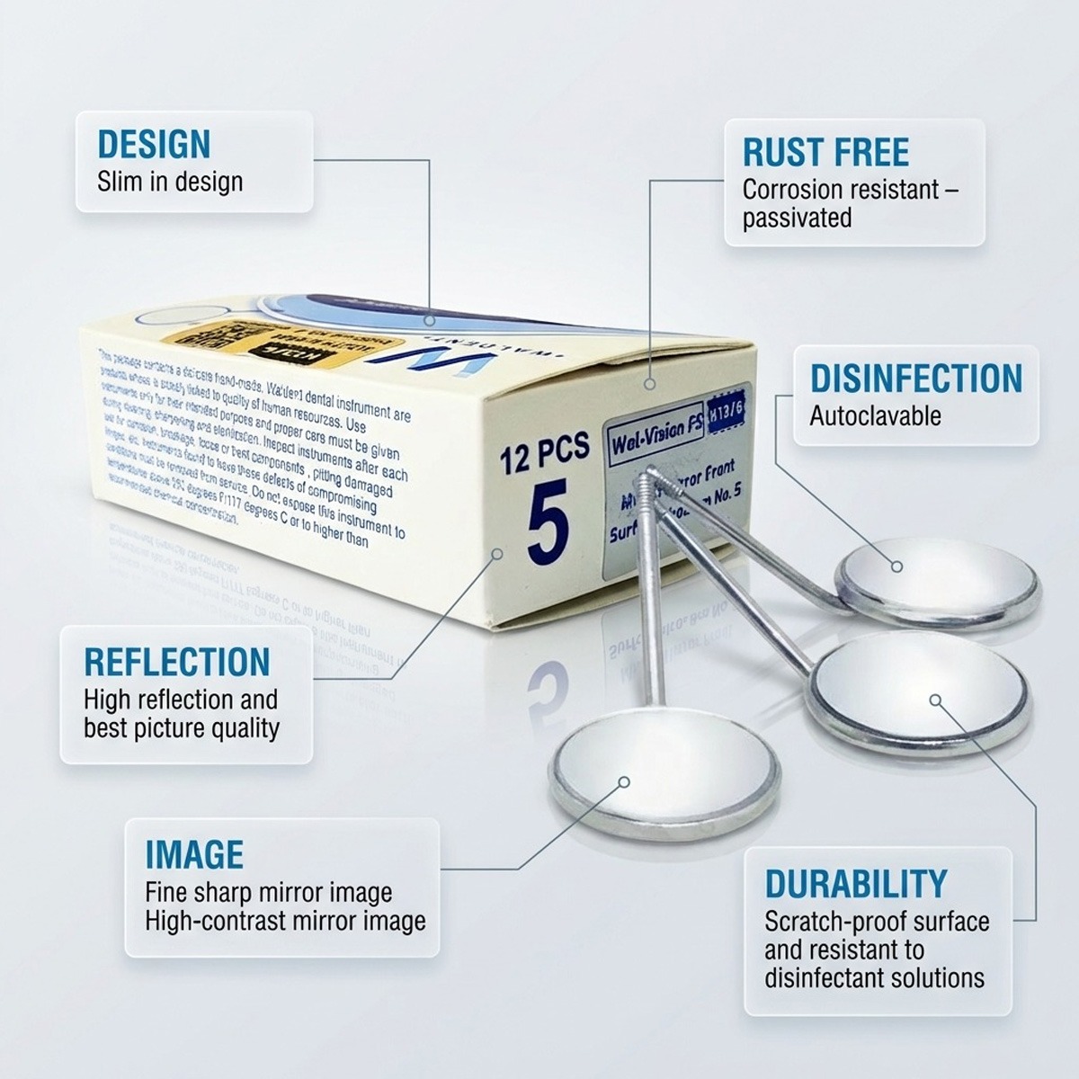 Waldent Mouth Mirror Tops Front Surface Rhodium Coated No.5 Pk/12 (K13/6)