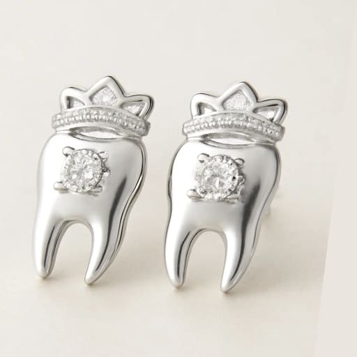 iDENTical Silver Crown With Diamond Tooth Shape Earrings - Pack Of 1 (ZYR-4074)