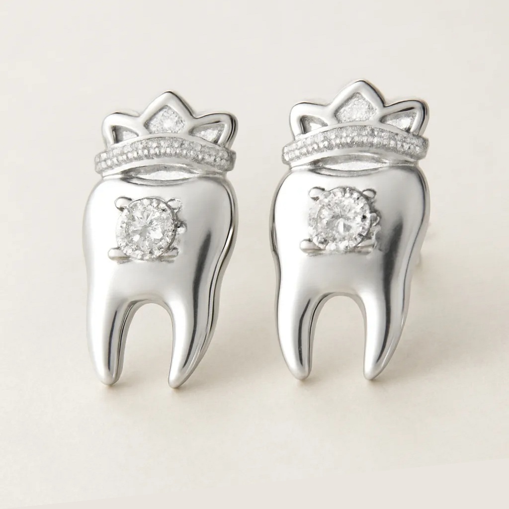 iDENTical Silver Crown With Diamond Tooth Shape Earrings - Pack Of 1 (ZYR-4074)