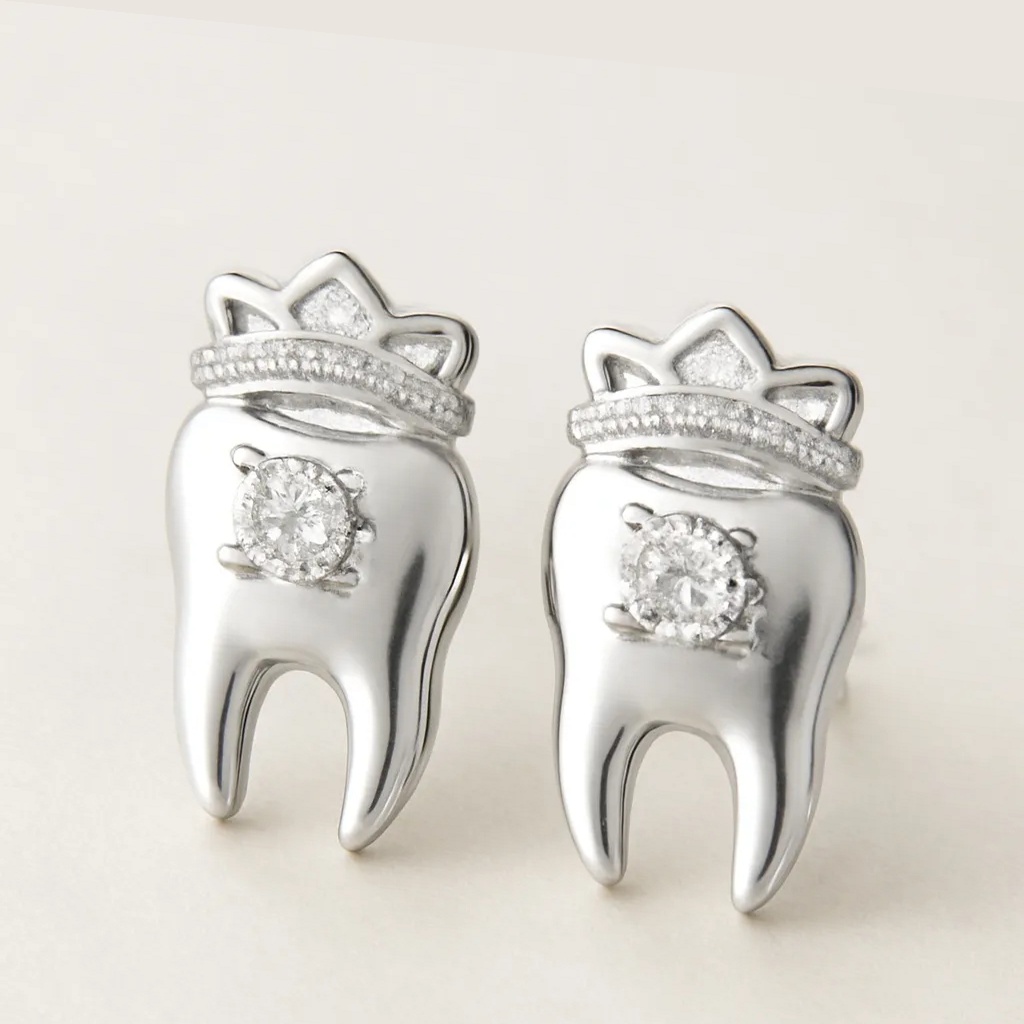 iDENTical Silver Crown With Diamond Tooth Shape Earrings - Pack Of 1 (ZYR-4074)