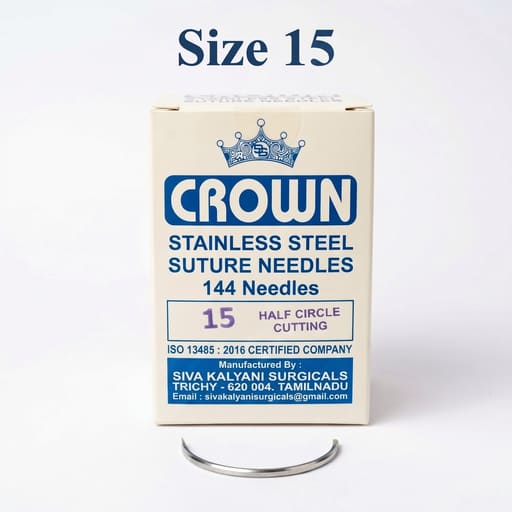 Crown Stainless Steel Half Circle Cutting Suture Needle - Size 15 (Pack of 144 needles)