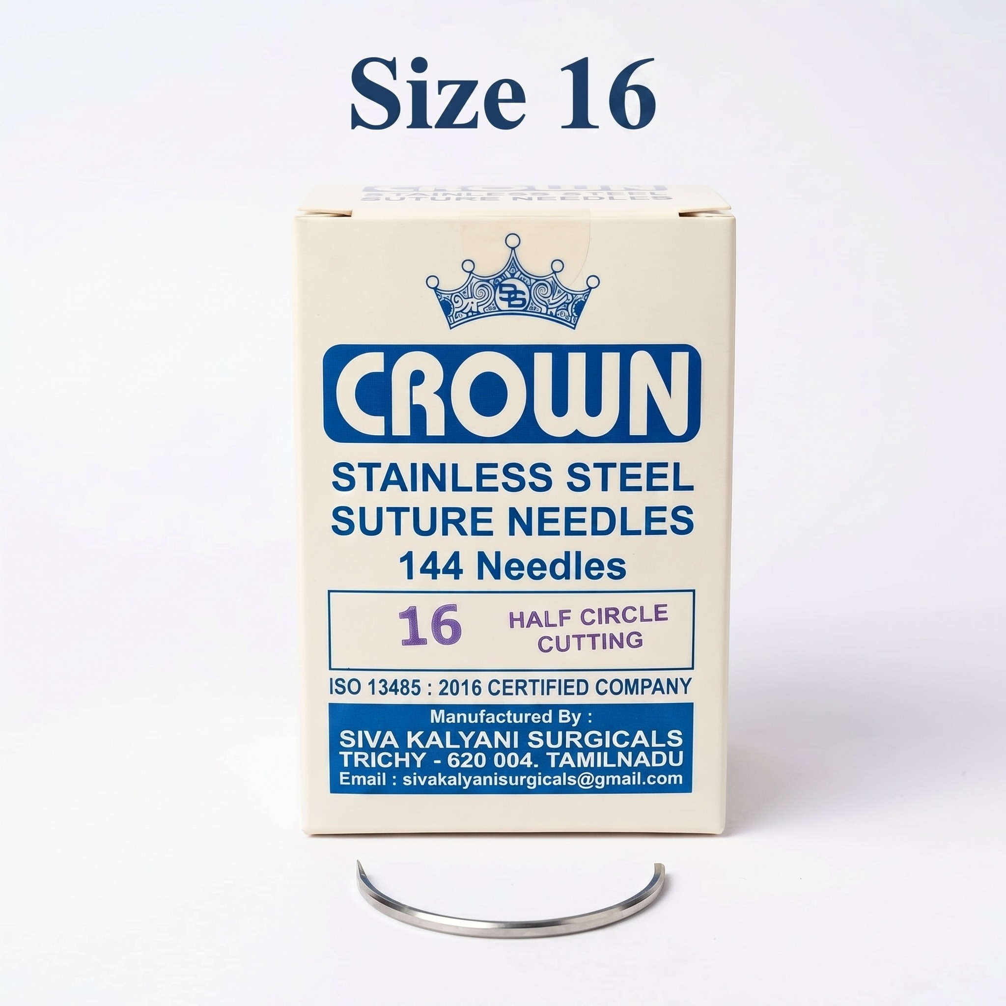 Crown Stainless Steel Half Circle Cutting Suture Needle - Size 16 (Pack of 144 needles)