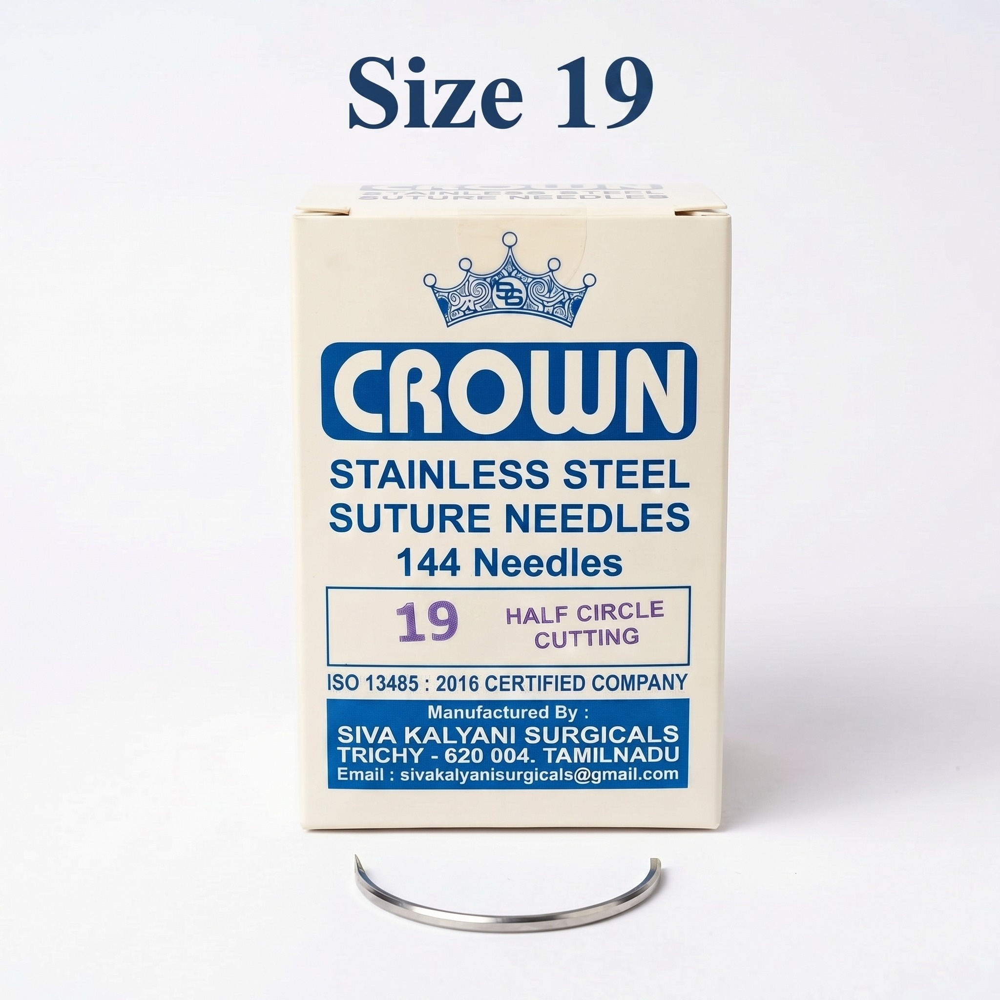 Crown Stainless Steel Half Circle Cutting Suture Needle - Size 19 (Pack of 144 needles)