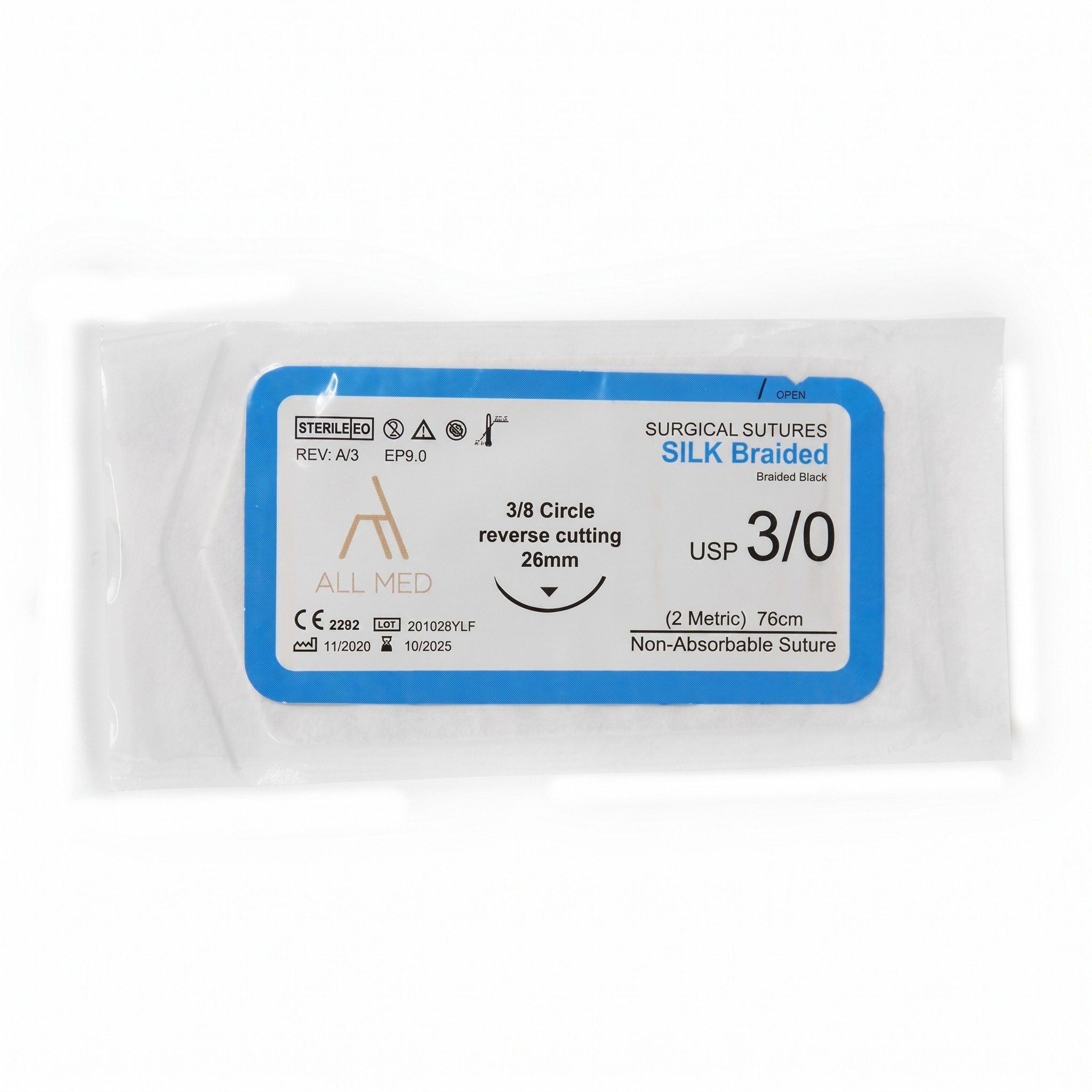 All Med Silk Braided 3-0 3/8 Circle Cutting Suture (Pack Of 1) - 16mm