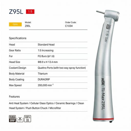 NSK Ti-Max Z95L Fiber Optic Contra-Angle Handpiece (C1034)