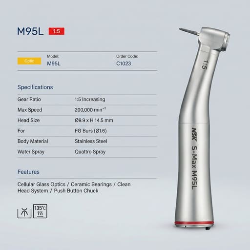 NSK S-Max M95L Fiber Optic 1:5 Contra-Angle Handpiece (C1023)