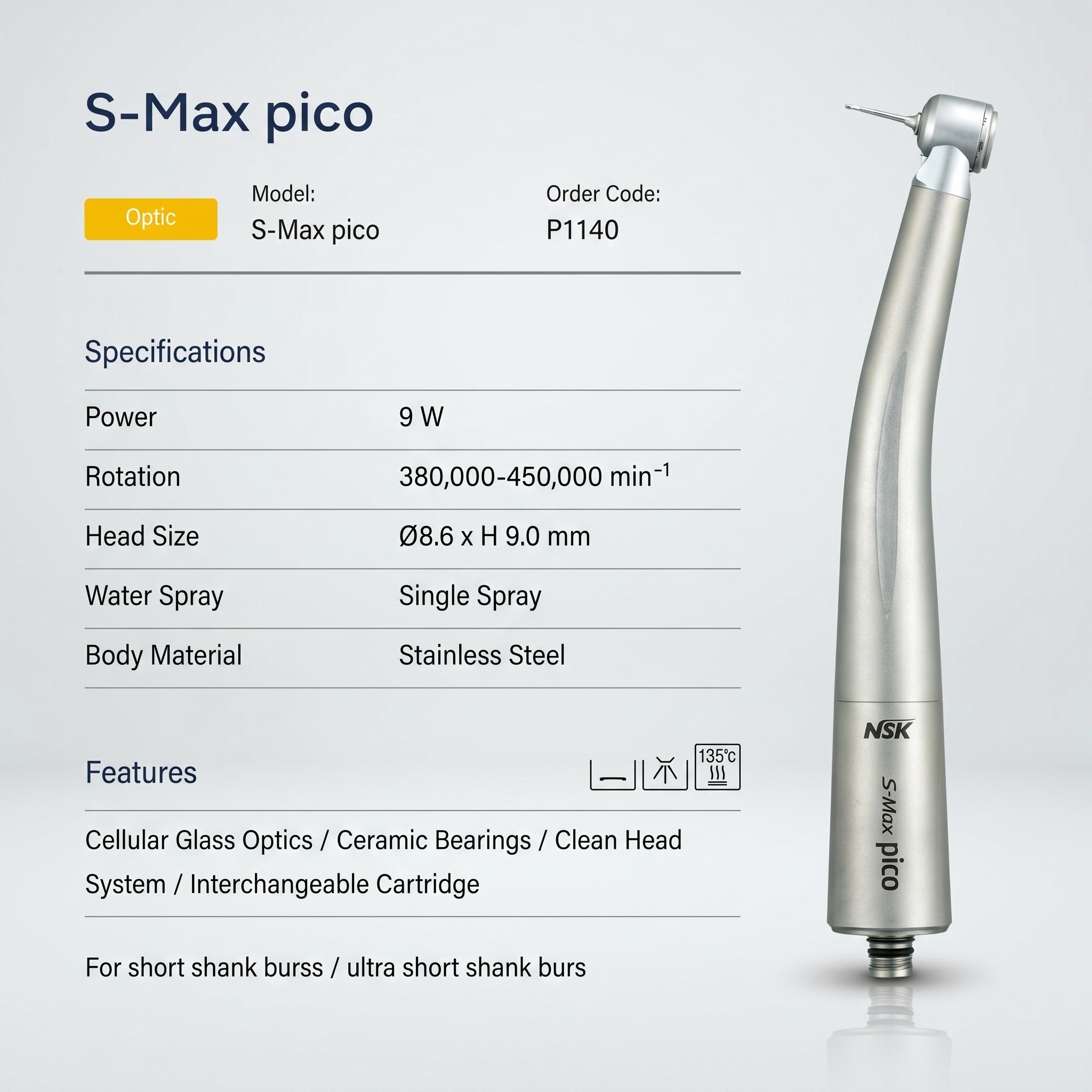 NSK S-Max Pico LED Fiber Optic Airotor Handpiece (P1140)