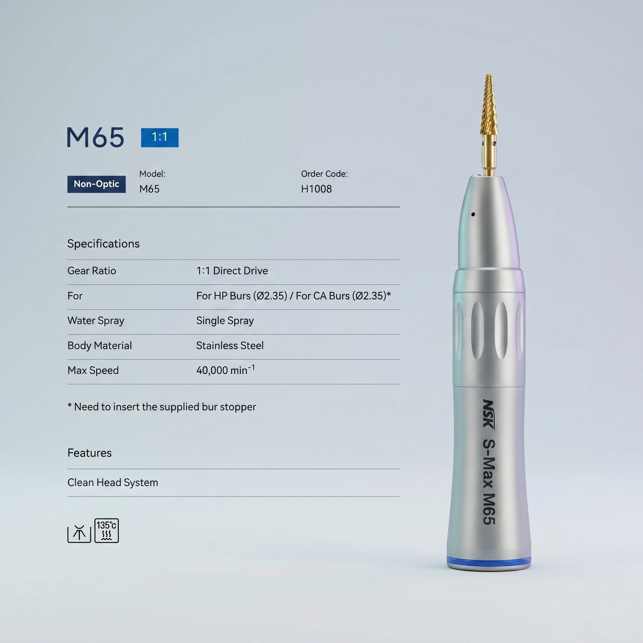 NSK S-Max M65 Internal Spray Straight Handpiece (H1008)