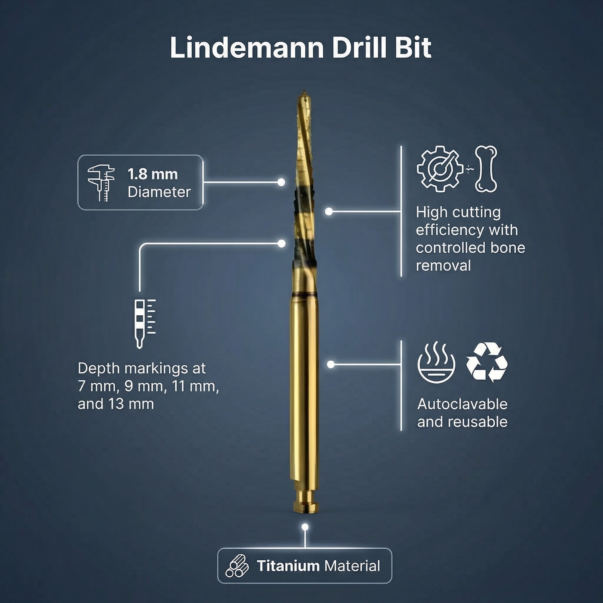 Waldent Lindemann Drill Bit 1.8mm Titanium Coated 19/108