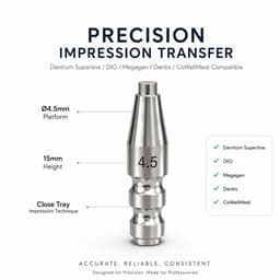 Dentaltech Close Tray Impression Coping ?4.5mm X 15mm - Dentium Superline / Dio/ Megagen / Dentis/ CoWellMedi Implant Compatible - 6