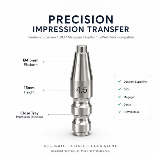 Dentaltech Close Tray Impression Coping ?4.5mm X 15mm - Dentium Superline / Dio/ Megagen / Dentis/ CoWellMedi Implant Compatible