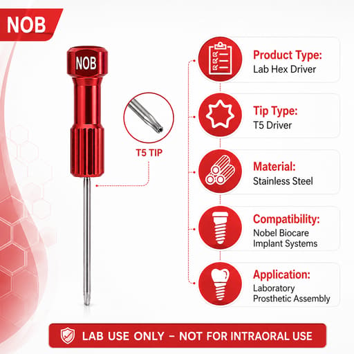 Dentaltech Lab Hex Driver T5 - Nobel Biocare Implant Compatible