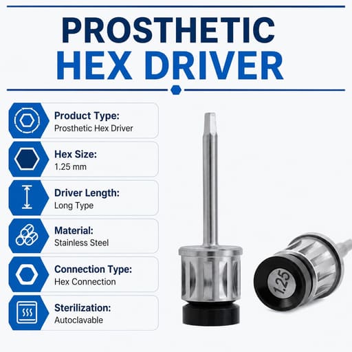 Dentaltech Prosthetic Hex Driver 1.25mm Long - Adin | Alpha-Bio Tec | Dentis | MIS | Biohorizons | Cortex Compatible