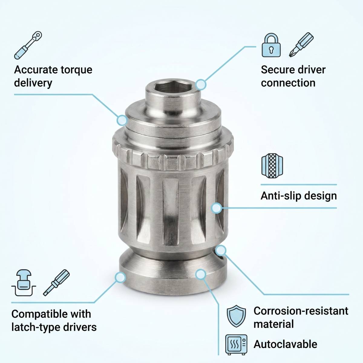 Dentaltech Implant Wrench Adapter for Latch Type Hex/implant Drivers