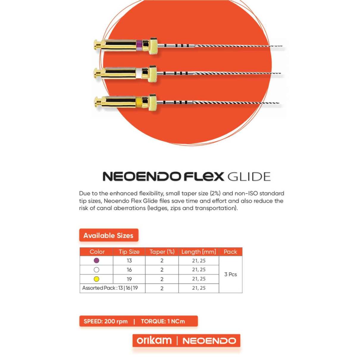 Neoendo Flex Glide Rotary Files (Pack of 3)