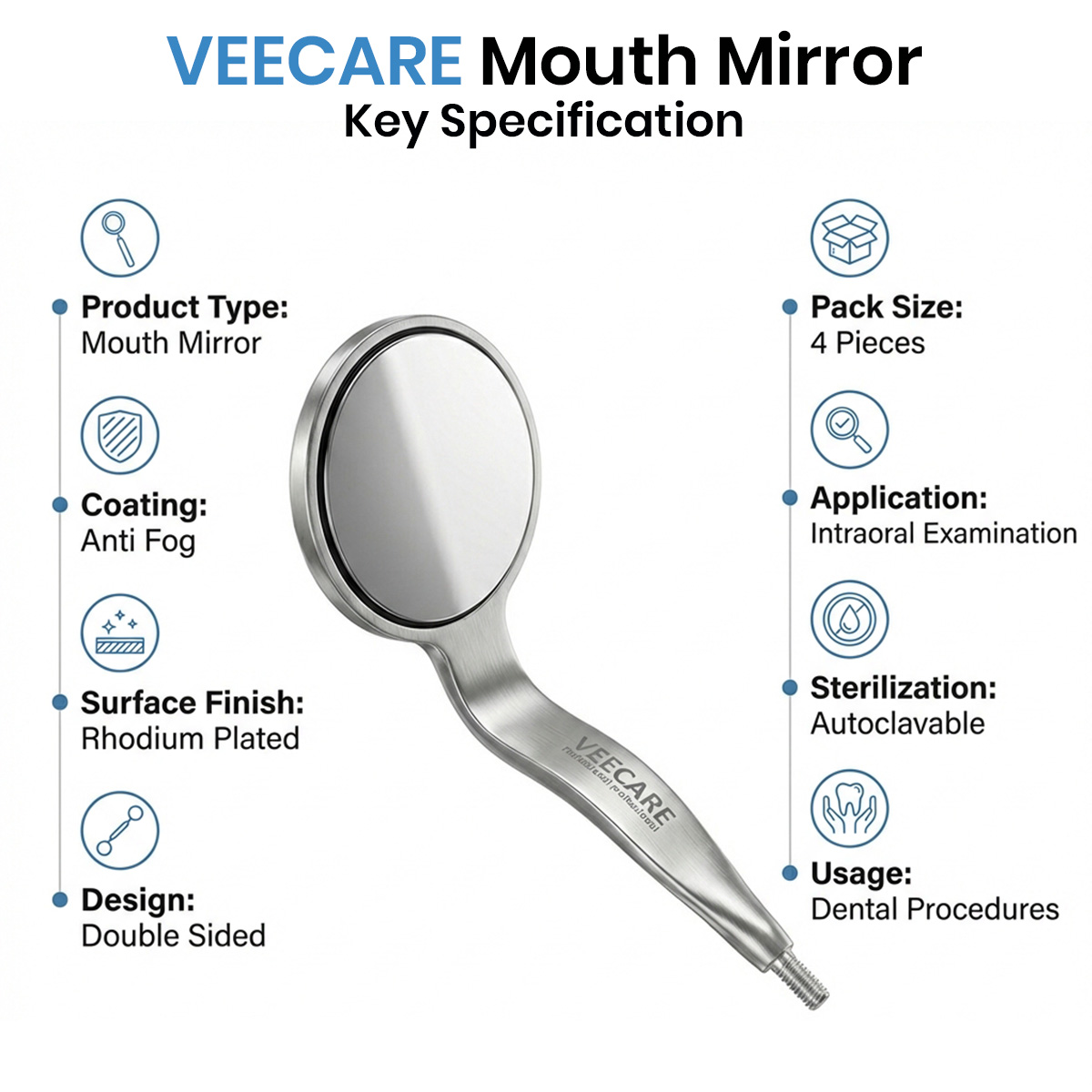 Veecare Anti Fog Rhodium Double Sided Mouth Mirrors (Pack of 4)