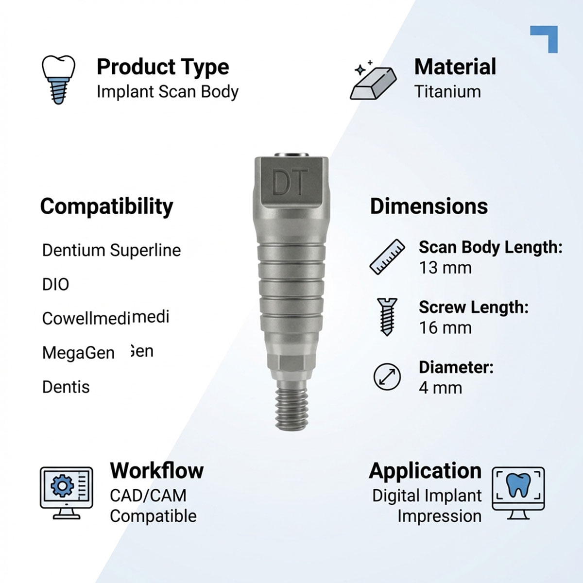 Dentaltech Scan body - Dentium Superline | DIO | Cowellmedi | MegaGen | Dentis | implantswiss Compatible