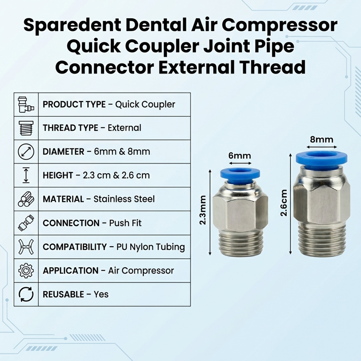 Sparedent Dental Air Compressor Quick Coupler Joint Pipe Connector External Thread