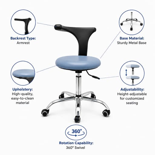 Indian Dental Stool with Armrest and Metal Base