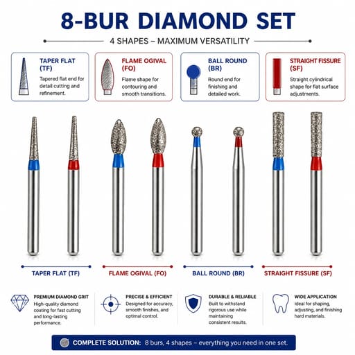 NewDiamond Zirconia Contouring & Finishing Diamond Bur Kit - Pack of 8 Burs
