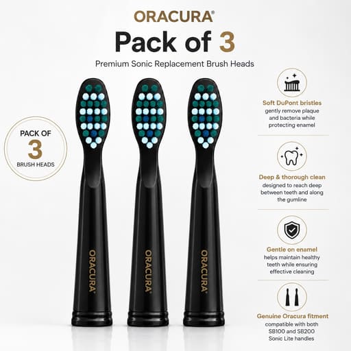 Oracura SB200 Sonic Lite Electric Toothbrush Heads - Black (Pack of 3)