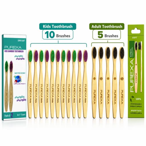 Purexa Bamboo Charcoal Adult & Kids Toothbrush Combo (Adult Pack of 5 | Kids Pack of 10)
